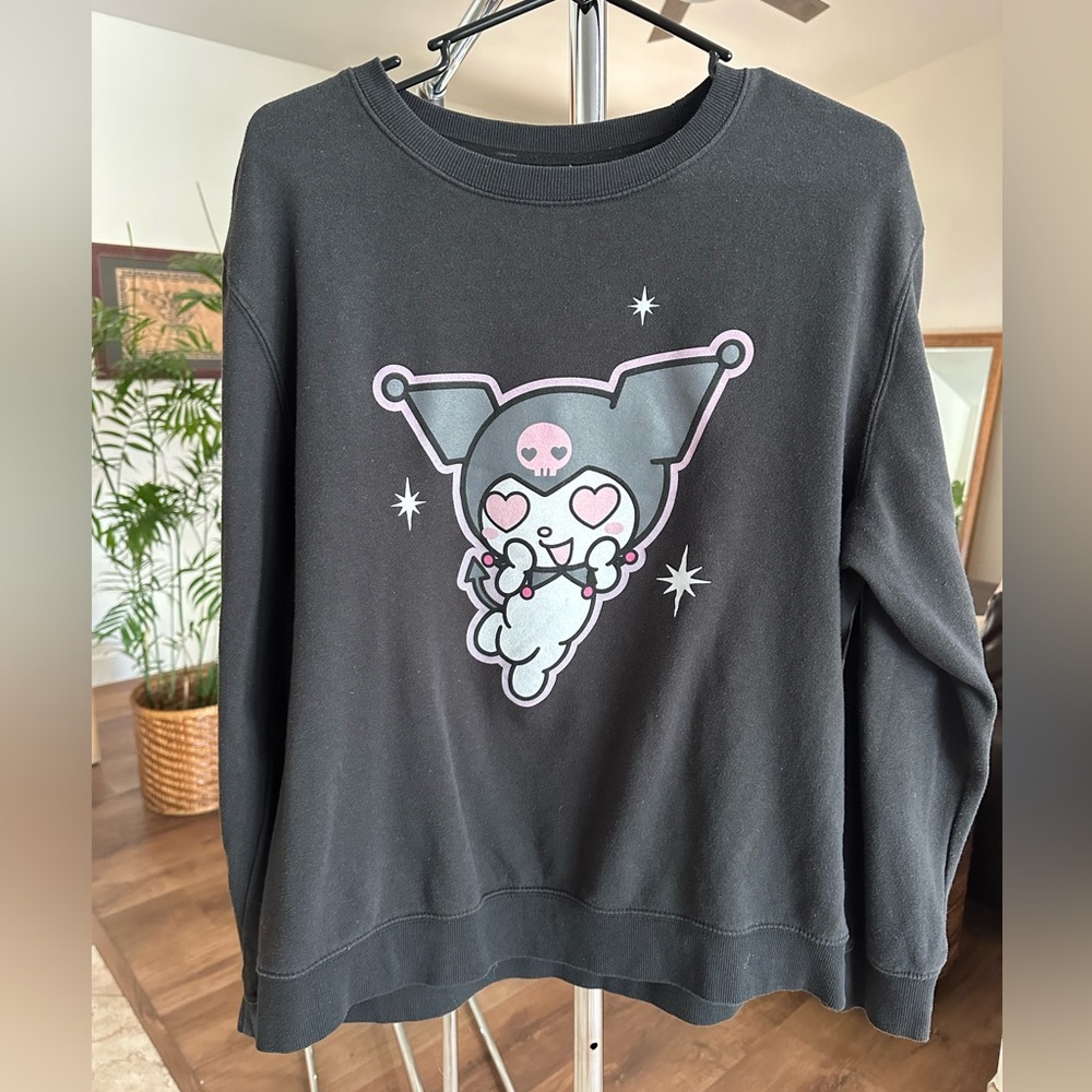 Sanrio Kuromi Heart Stuck Love Front & Back Graphic Black Crew Neck Sweatshirt L